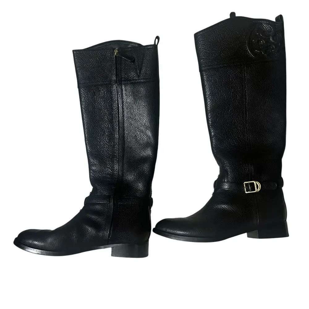 Tory Burch Boot Riding Black Pebbled Leather Logo Tall Buckle Knee Marlene 7.5